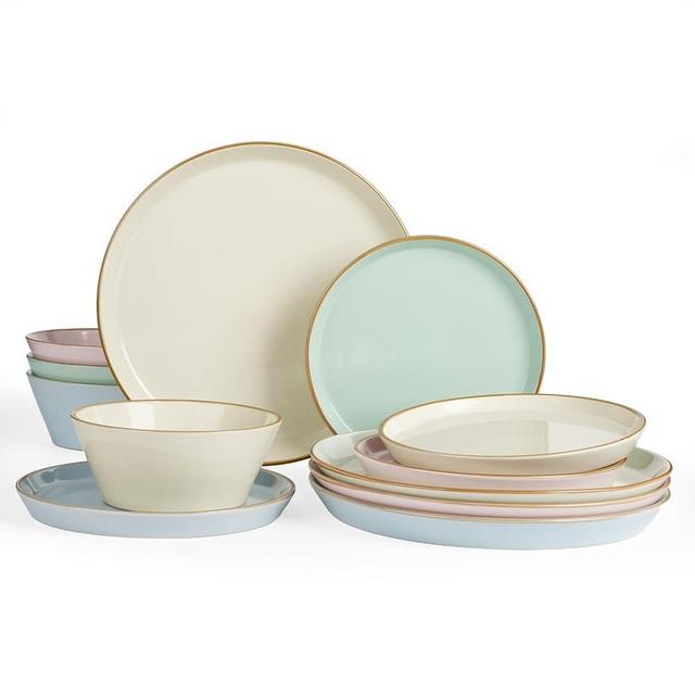 Famiware Saturn Dinnerware Sets, Plates and Bowls Sets for 4, 12 Pieces Stoneware Dish Set - Chip and Scratch Resistant, Microwave and Dishwasher Safe Tableware Set, Multi-color with Brown Rim