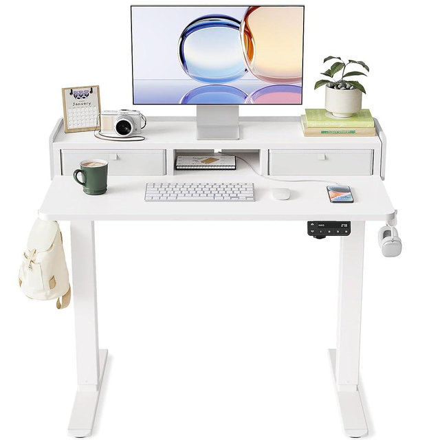YIHAYO Electric Standing Desk with Drawers, 40 x 24 Inches Adjustable Desk with Storage Shelf, Stand Up Desk with Splice Board, Computer Table for Home Office,White Frame/White Top