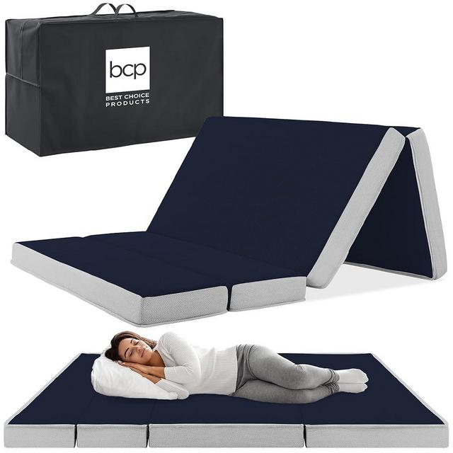 Best Choice Products 4in Portable Queen-Size Mattress, Folding Mattress Topper for Camping, Guest, Toddler, Foam Plush w/Carry Case - Midnight Blue