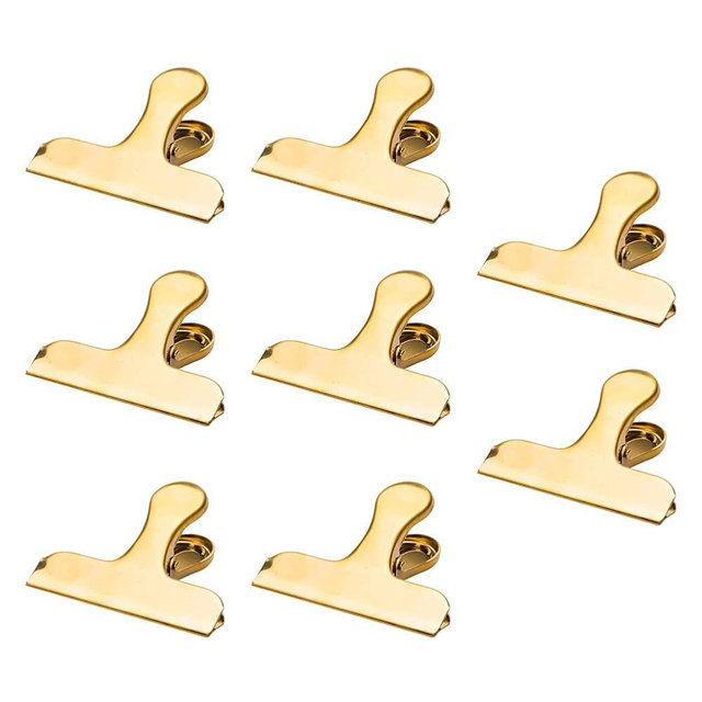 8 Pcs Golden Stainless Steel Chip Bag Clips, ZUYYON 3 x 2.4 Inch Tight Durable Paper Seal Grip for Coffee Food Bread Bags, Kitchen Home Office Usage(Golden)