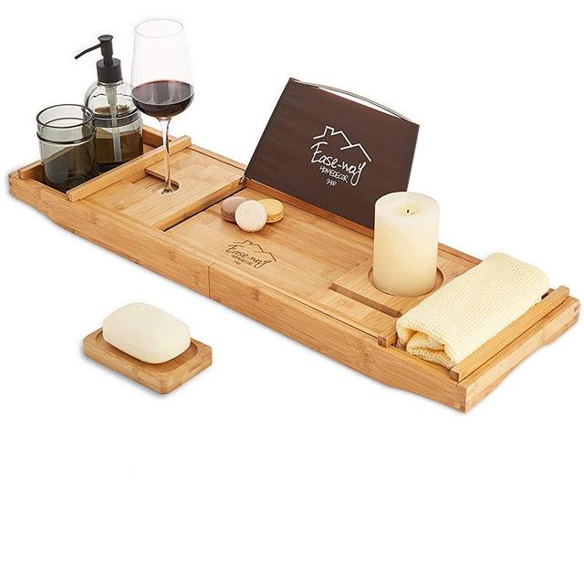 EASE-WAY Bamboo Bathtub Caddy Tray, Wooden Bath Tray for Tub with Book Holder and Free Soap Dish, Holds Phone, Laptop, Extendable Bathtub Caddy Organizer for Luxury Spa (Natural)