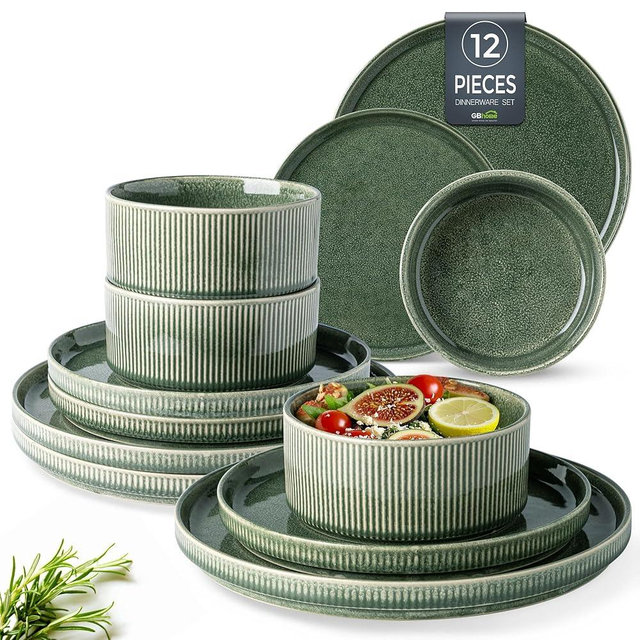 GBHOME Stoneware Dinnerware Sets for 4,Round Reactive Glaze Ceramic Plates and Bowls Set,Highly Chip and Crack Resistant | Dishwasher & Microwave Safe Dishes Set,Service for 4 (12pc)