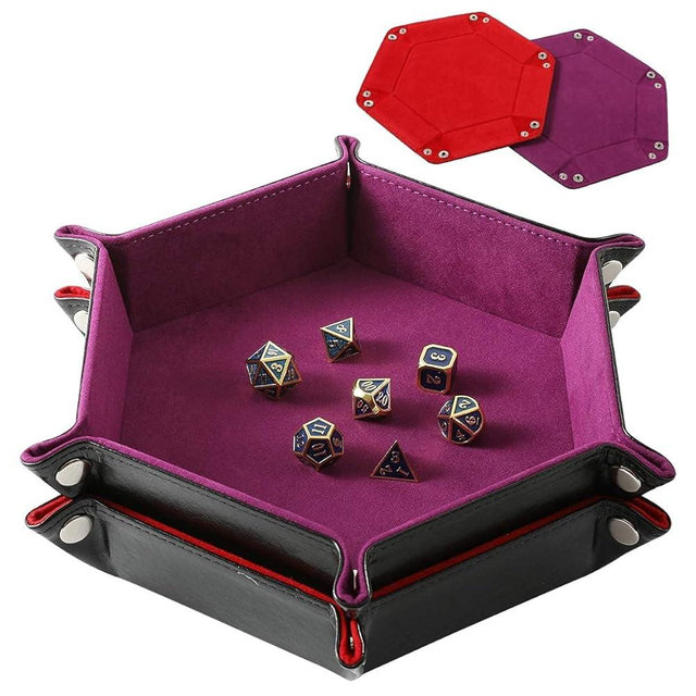 Grajar 2 Pcs Portable Folding Dice Rolling Tray Set for RPG DND Table Games - PU Leather and Velvet Holder Storage Box - Red and Violet