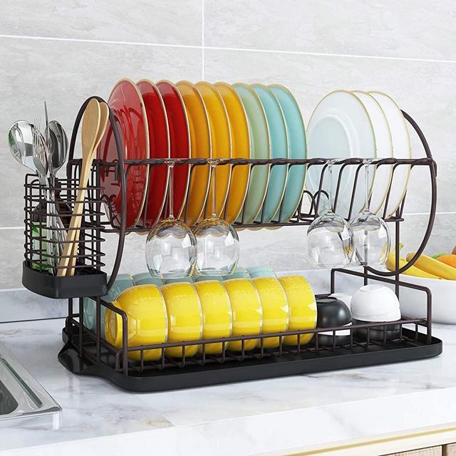 Dishes Drying Rack and Drainboard Set for Kitchen Counter, Bronze 2 Tier Dish Drainer with Utensil Holder, Multifunction Dishes Strainers with Drainage