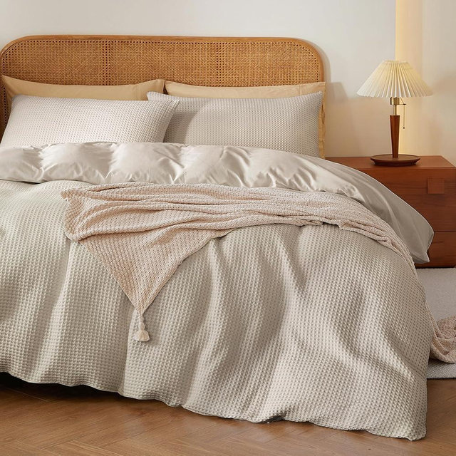 100% Egyptian Cotton Duvet Cover Set King Size, Waffle Weave Duvet Cover, 600 TC Soft Breathable Luxury Bedding Set for All Season, 3 PCS, 1 Duvet Cover and 2 Pillowcases, Light Beige, 104"x90"