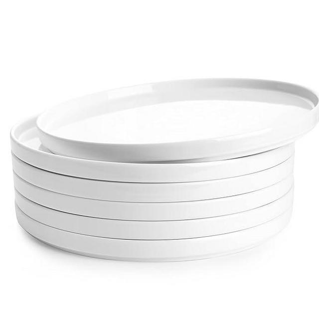 Sweese Porcelain Flat Dinner Plates Set of 6, 10.5 Inch High Edge Dish Set - Dishwasher, Microwave, Oven Safe, Scratch Resistant, Kitchen Serving Dishes - Elegant White Glaze