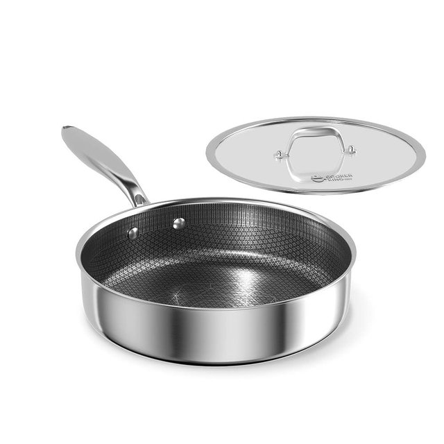 COOKER KING 3.6 Quart Stainless Steel Saute Pan with Lid, 11 Inch Hybrid Nonstick Deep Saute Pan, Tri-Ply Clad Even Heat Distribution, Dishwasher-Friendly,Oven Safe to 500°F, Induction Compatible
