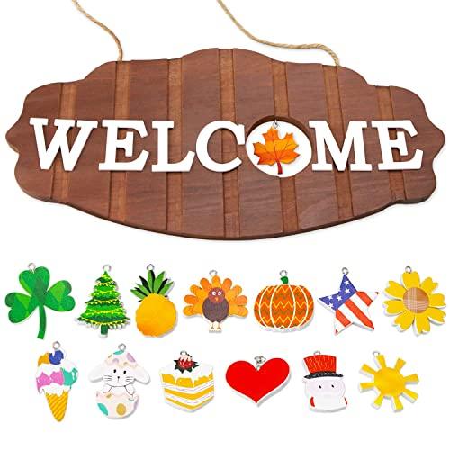 Interchangeable Seasonal Welcome Sign for Front Door Decor, Welcome Signs for Front Porch,Rustic Wood Wall Hanging Porch Decorations for Halloween, Fall, Christmas,America Holiday Home Decorations