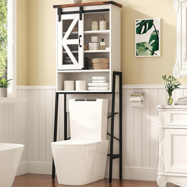 kepptory Over The Toilet Storage Cabinet, Above Toilet Storage Cabinet with Adjustable Shelves and Barn Door, Farmhouse Behind Toilet Bathroom Organizer for Bathroom, Laundry Room, Off-White