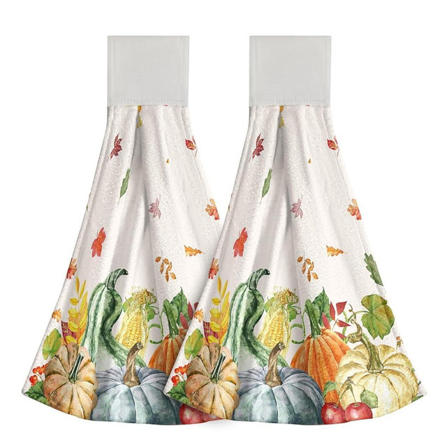 Giwawa Autumn Pumpkins Kitchen Towels with Hanging Loop Set Thanksgiving Fingertip Tie Towels Fall Seasonal Decor