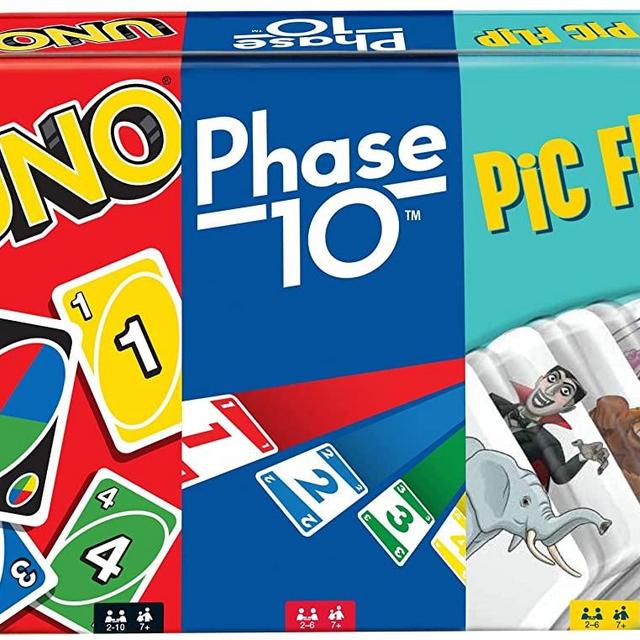 UNO, Phase 10 and Pic Flip Bundle Tin, 3 Mattel Card Games for Players 7 Year Olds & Up, Decorative Storage Tin, Gift for Kid, Family & Adult Game Night 7 Years & Older