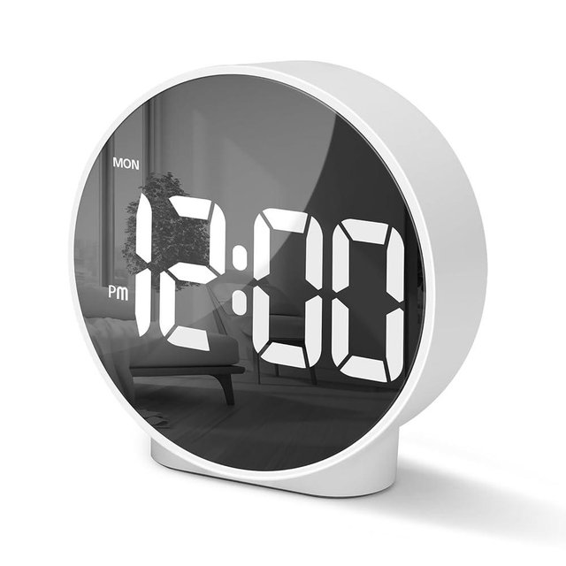 Lafocuse LED Digital Alarm Clock Battery Operated, Modern Round Digital Clock with 2 Alarms, Snooze, Adjustable Brightness, Curved Screen Design Bedside Alarm Clock for Bedroom Office, White