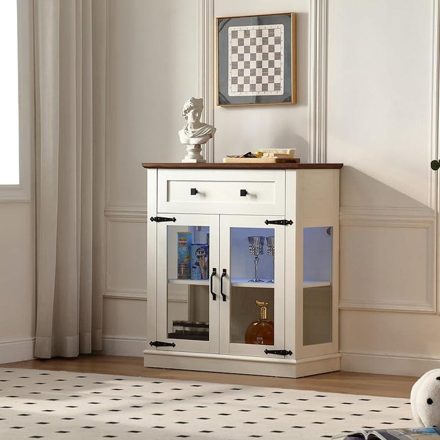 FOREST GRAVITY 31.5'' Modern Small Buffet Cabinet with Storage,Buffet Sideboard with Two Glass Doors and a Drawer,Coffee bar Cabinet with Adjustable Shelf,for Kitchen,Antique White