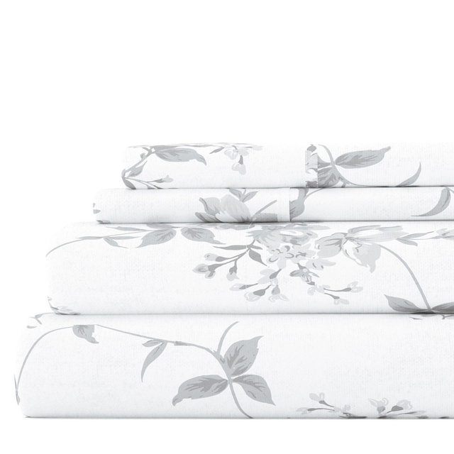 Becky Cameron, Sylvan Rose Pattern Flannel Sheet Set, Queen, Gray