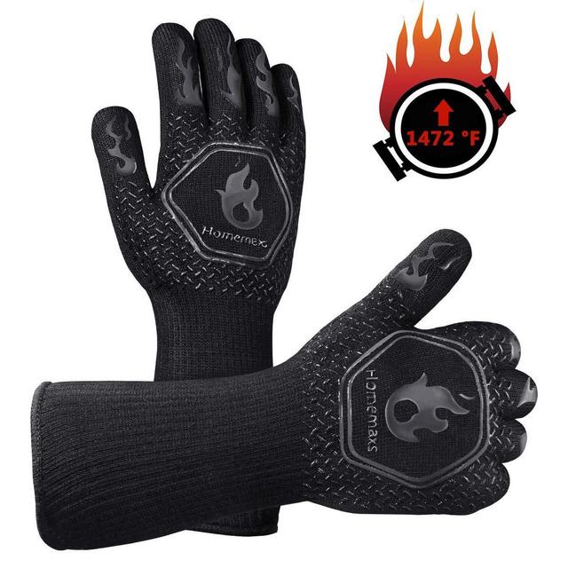 Homemaxs BBQ Gloves 1472℉ Extreme Heat Resistant Grill Gloves, Food Grade Kitchen Oven Mitts, Silicone Non-Slip Cooking Gloves for Barbecue, Cooking, Baking, Welding, Cutting, 14 Inch (Style 2-Black)