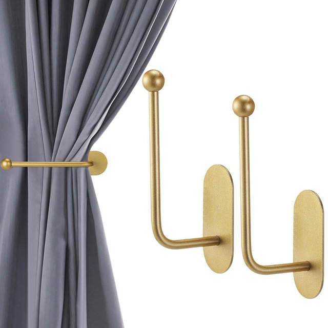 CroBlissful 2 Pcs Adhesive Curtain Holdbacks No Drill Curtain Holdbacks Curtain Tie Backs Retro Window Hook for Drapes Home Decor (Gold)