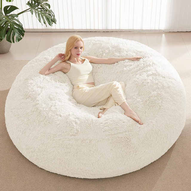 7FT Oversized Bean Bag Covers Only, Fluffy Stuffed Beanbag Chair Covers No Filler, Washable Bean Bags Cover for Adults, Stuffed Animal Bean Bag Anti-Slip, White