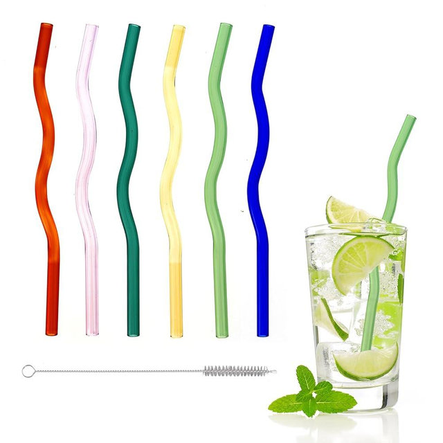 6Pcs Wavy Glass Straws - Shatter Resistant, Reusable, Colored With 1 Cleaner Brush for Beverages, Coffee, Juice, Cocktail, Teas