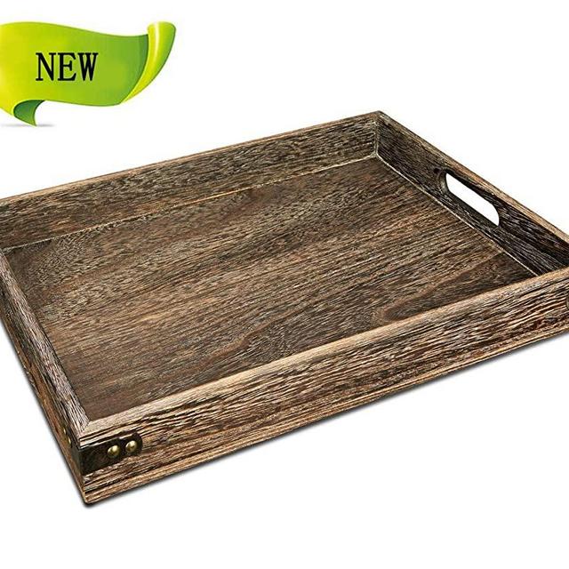 Sufandly Large Wooden Serving Tray with Handles, Rectangle Breakfast Tray 15.7 x 11.8 Inch Wood Color