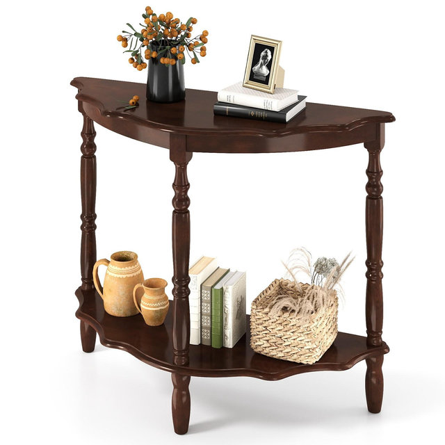 Costway 42 Inch Half Moon Console Table w/Shelf & Rubber Wood Legs for Entrance Hallway