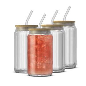 Fluted Glass Tumblers with Bamboo Lids and Straws