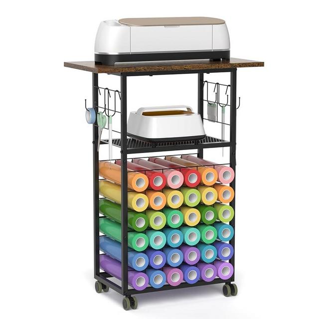 ikkle Rolling Craft Storage Cart with 36 Vinyl Roll Holders, Craft Organizers and Storage Compatible with Cricut Machines, Crafting Table Organization Workstation with Wheels for Craft Room