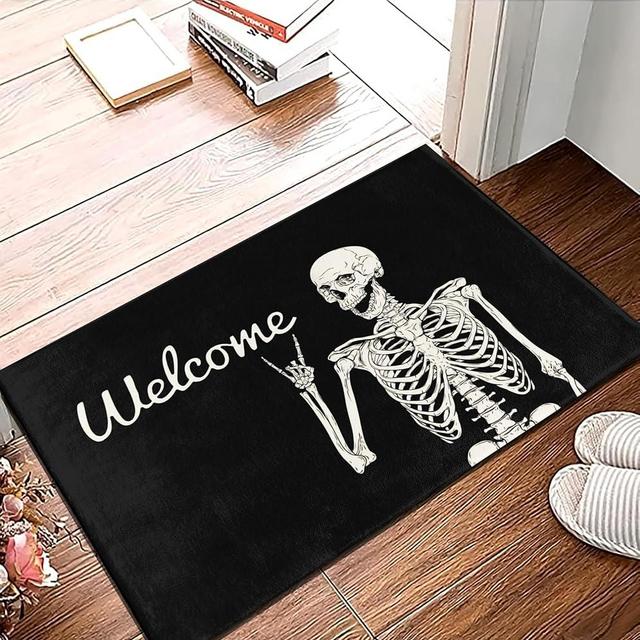 PAAORO Skull Doormat Funny Halloween Skull Welcome Door Mat,Living Room Kitchen Floor Mat Home Halloween Indoor Outdoor Decoration 17 x29 Inch