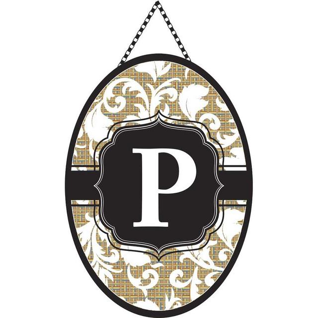 Magnolia Garden Monogram Letter P Shield with White Filigree on Burlap 18 x 13 Oval Chain Rope Door Banner
