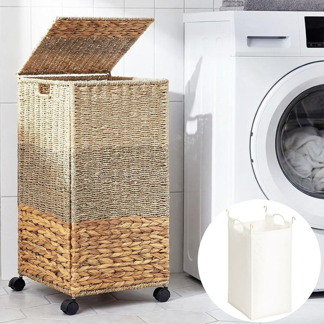 Cinnvoice 65 L Rolling Wicker Laundry Basket Laundry Hamper with Lid Decorative Woven Hamper with Washable Removable Liner Bags and Handles for Clothes Tricolor Natural Water Hyacinth(1 Sections)