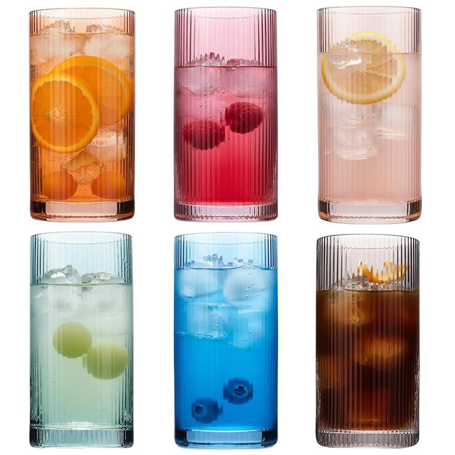 Physkoa Colored Ribbed Drinking Glasses Set of 6 - Vintage Highball Glasses Colorful,Embossed Ribbed Design Tumbler Glass for Cocktail,Juice,Mixed Drinks,Water,Holiday Party Supplies Gifts