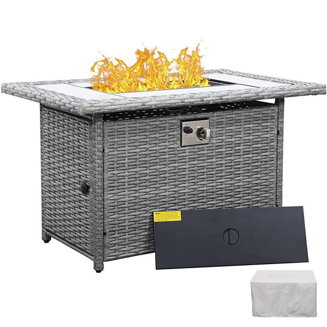 60000 BTU Wicker Gas Fire Pit Outdoor Fire Pit Table 45 Inch Fire Pits for Outside with Woodgrain Marble Tabletop Fire Pit Cover and Blue Crystal Beads