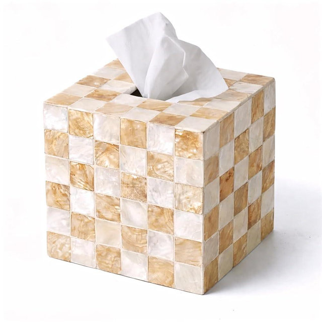CHI AN HOME 5.5” Square Tissue Box Cover, Capiz Shells Cube Tissue Box Holder with Bottom Slider, Checkered Tissue Box Cover Mother of Pearl Decorative Tissue Holder for Bathroom Vanity, Office, Ivory