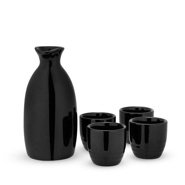 True Moga Porcelain Sake Pitcher and Tumblers - Traditional Japanese Sake Stoneware - 4 3.5oz Sake Cups Set & 1 8oz Sake Bottle - Black Set of 5