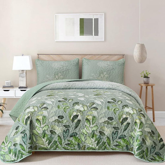 WONGS BEDDING Green Quilt Set King Size,3 Pieces Green Floral Bedspread Coverlet Set, Soft Microfiber Lightweight Floral Bedding Set King 104"×90"