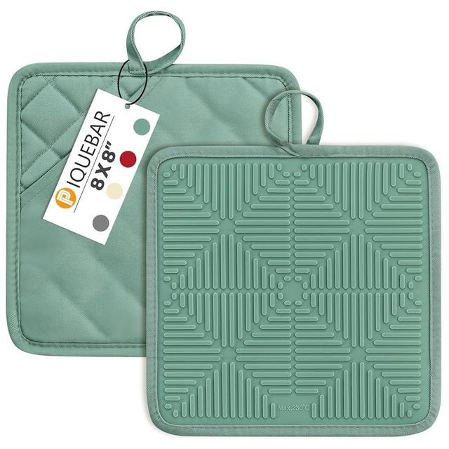 PIQUEBAR Pot Holders Heat Resistant 450℉ Oven Hot Pads Anti-Slip Silicone Potholder with Cotton Pockets, Multipurpose Trivets for Kitchen Cooking, Baking 2 Pack (Blue Green)