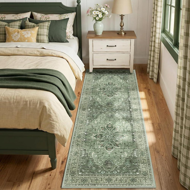 RELEANY Area Rugs Runner 2'x5' Washable Non-Slip, Floral Vintage Distress Medallion Carpet for Kitchen Hallway Bedroom Beside Laundry Room Bathroom, Dark Green Gray