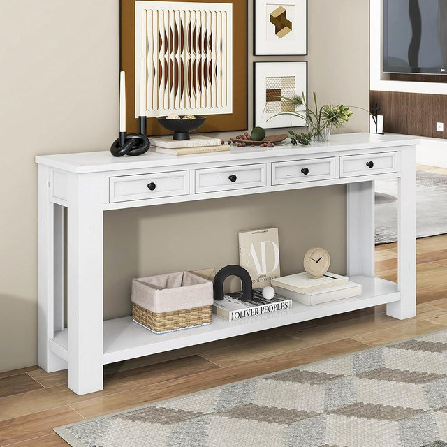Merax Console Table, 63" Long Extra-Thick Entryway Table Sofa Table with 4 Drawers and Open Shelf for Entryway, Hallway, Living Room (Antique White)