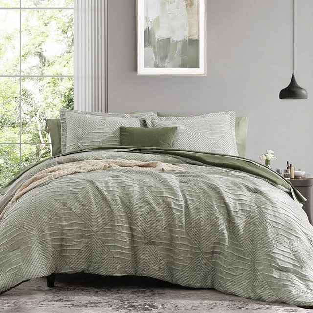 MaiRêve King Comforter Set Crinkle Textured, Light Olive Green Diamond Boho Bedding Set 7 Pieces Bed in A Bag, All Season Geometric Comforter Set with Sheets, Pillowcases & Shams