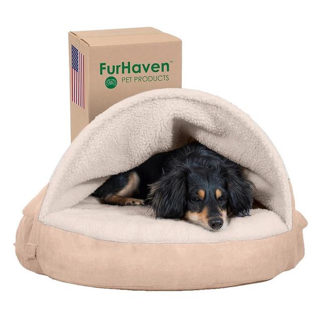 Furhaven 26" Round Cooling Gel Dog Bed for Medium/Small Dogs w/ Removable Washable Cover, For Dogs Up to 30 lbs - Sherpa & Suede Snuggery - Cream, 26-inch