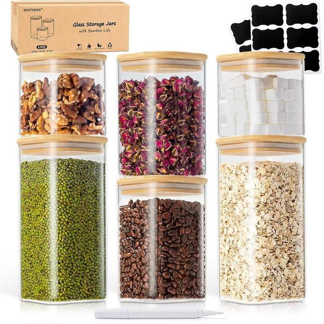 SENTVEND 24 Oz/ 37 Oz/ 51 Oz Glass Storage Jars with Bamboo Lids - 6 Pack Clear Glass Canisters Square Airtight Stackable Ideal for Pantry Storage Containers Great for Cereal Coffee Beans Snacks etc