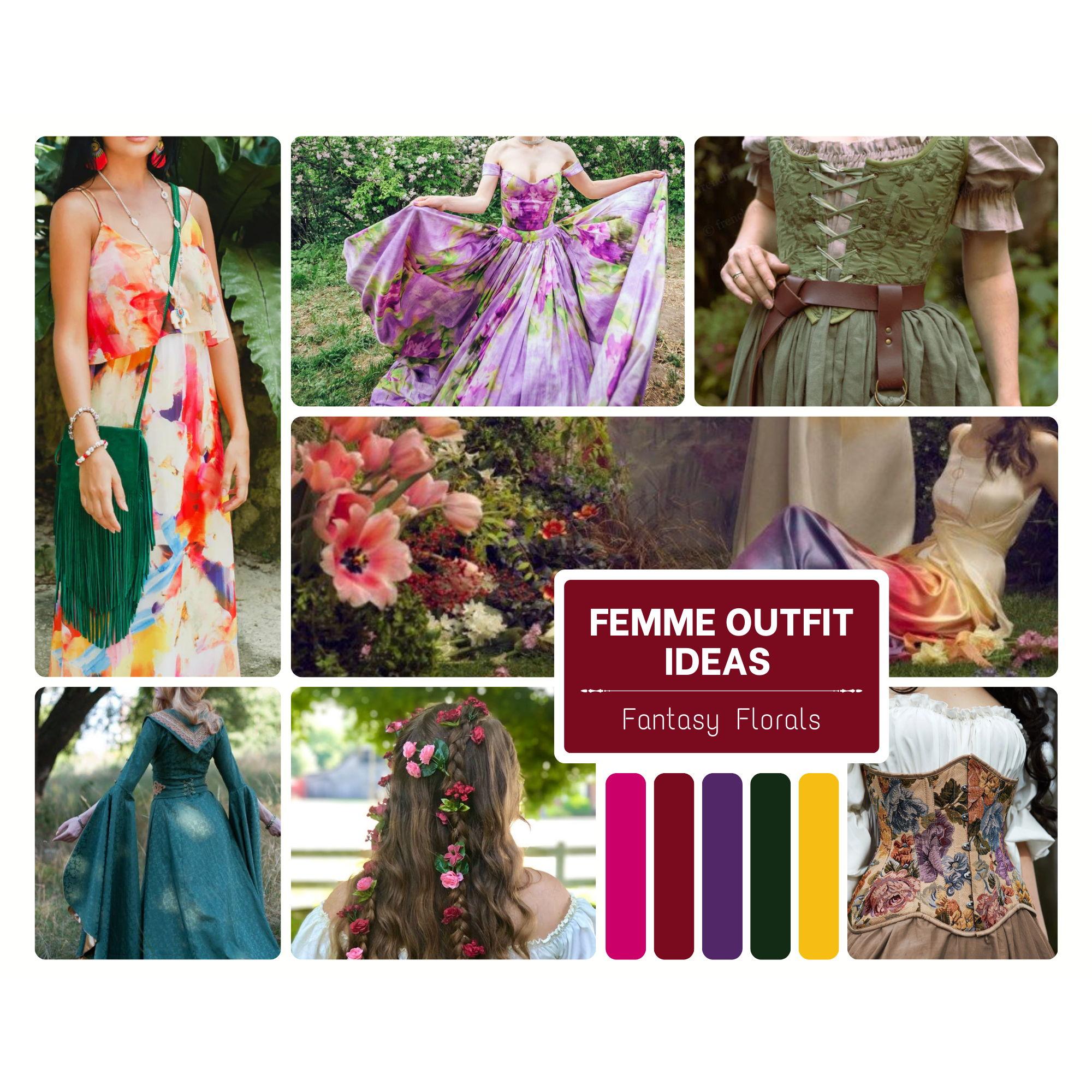 For the femmes: long or midi dresses/jumpsuits in floral patterns or fantasy silhouettes. Bring on the flowers, accessories, and corsets! Fun costume pieces (horns, wings, crowns, etc.) are encouraged!