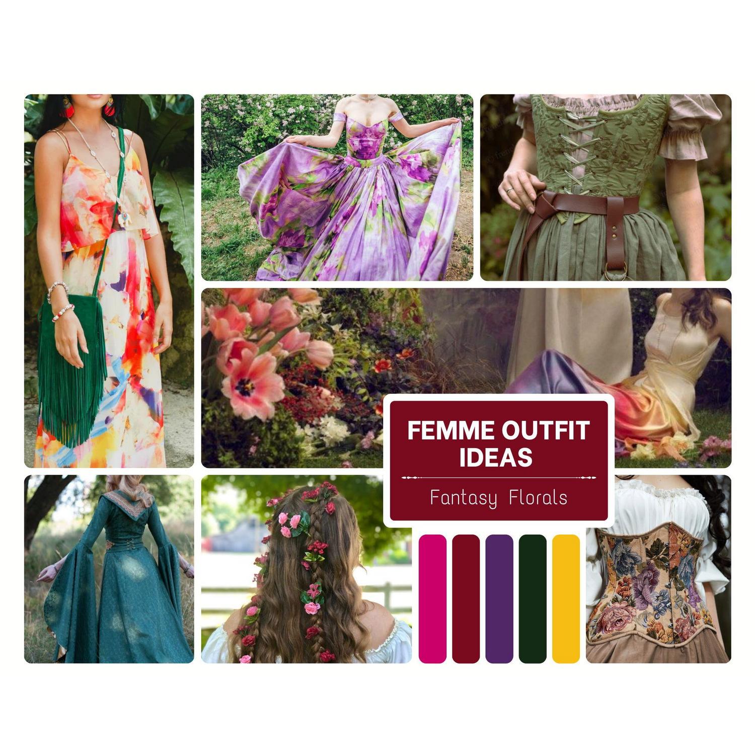For the femmes: long or midi dresses/jumpsuits in floral patterns or fantasy silhouettes. Bring the flowers, accessories, and corsets! Fun costume pieces (horns, wings, crowns, etc.) are encouraged!