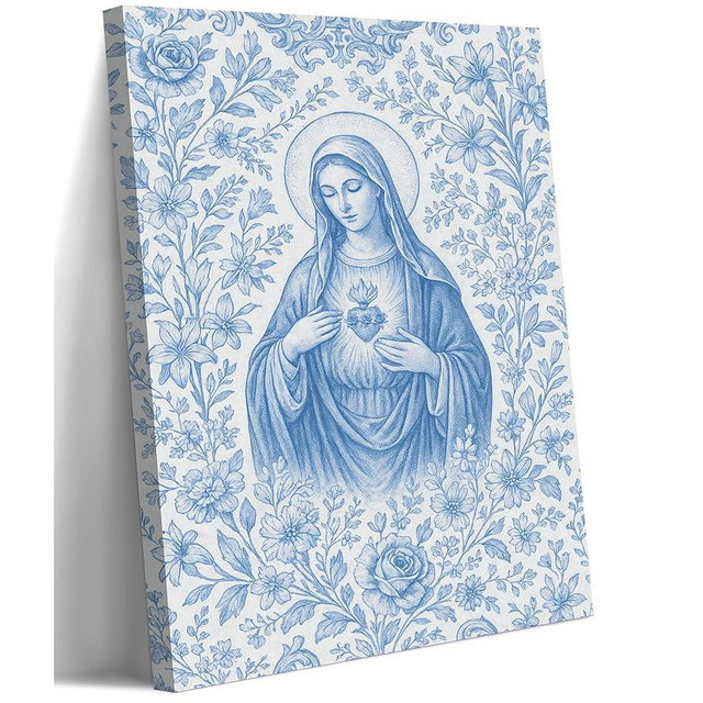 Blue Virgin Mary Immaculate Heart Canvas Wall Art Christian Catholic Wall Decor Our Lady of Guadalupe Portrait Poster Prints Religious Bible Artwork for Living Room Prayer Room Church 12x16in