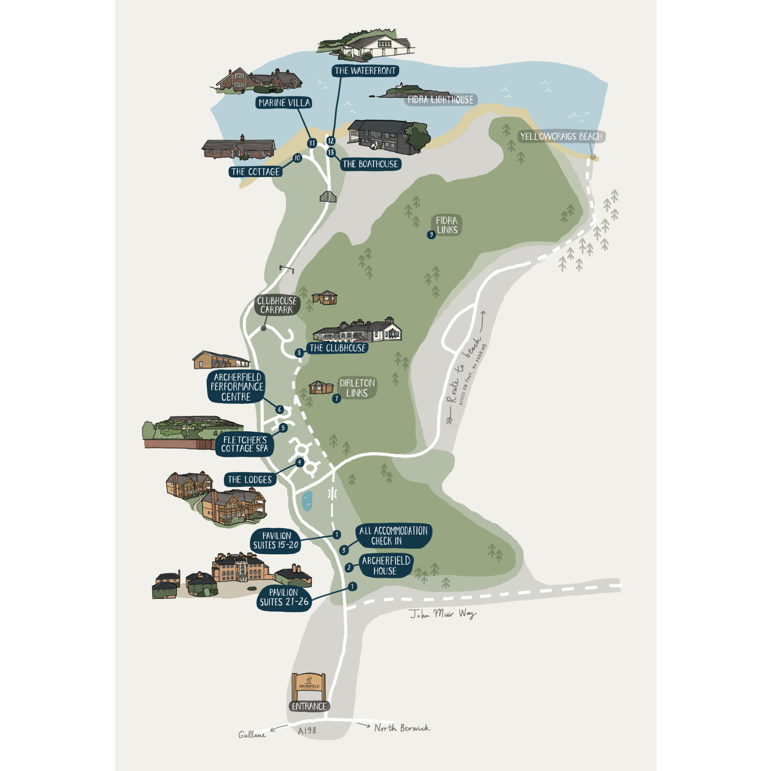 This map of the venue highlights the different accommodation options on-site, with the pavilions located in the same courtyard as Archerfield House (the main house for those staying there