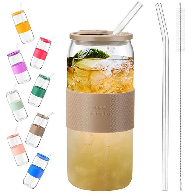 Vozoka 20oz Glass Tumbler with Silicone Lids and Sleeve, Iced Coffee Cup Reusable, Travel Water Bottle, Wide Mouth Smoothie Cups, Soda Can Shaped, Hot Tea (Light Grey)