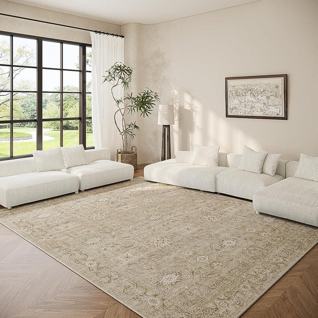 Washable Living Room Area Rugs: 6'x9' Large Rug Stain Resistant Distressed Vintage Boho Rug Non Slip Low Pile Faux Wool Soft Rug for Kitchen Dining Room Nursery Kids Playroom Farmhouse Bedside Bedroom