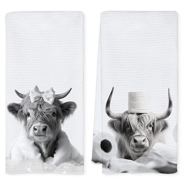 QEJ Funny Highland Cow Bathroom Hand Towels, Highland Cow Gifts for Women, Animal Lover Gifts Decorative Hand Towels for Kids Bath Room Washroom, Cows Bathroom Decor, 16x24 Inch Set of 2
