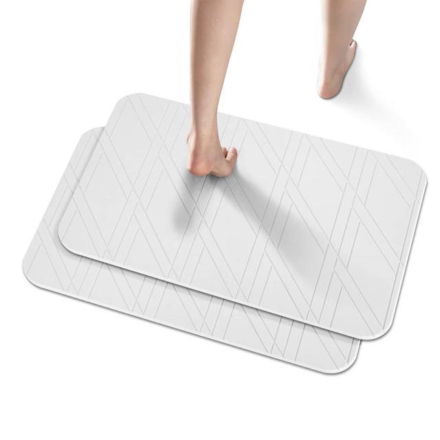 JUERLEN 2 Pack Diatomaceous Earth Shower Mat, Stone Bath Mat, Nonslip Super Absorbent Fast-Drying Hard Bath Mat for Bathroom Shower Floor, 24 x 16 inch, White Stripes