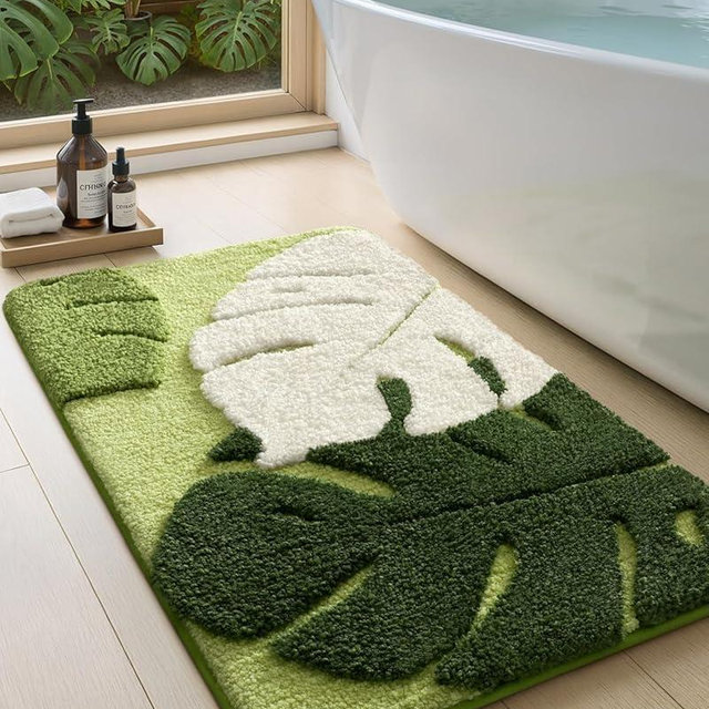 Color&Geometry Cute Leaf Bathroom Rug, Plush Absorbent Non Slip Washable Plant Decor Bath Mat, Ideal for Shower Sink, Bathtub Floor, Bedroom, Kids Room, 24"x36", Green