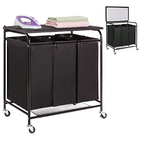 HollyHOME Laundry Sorter Cart with Foldable Ironing Board with Removable 3 Bags Laundry Hamper Sorter Black